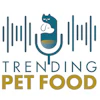 Trending Pet Food logo featuring a teal cat holding a fish with audio waveform graphics and gold text