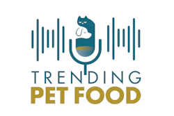 Trending Pet Food logo featuring a teal cat holding a fish with audio waveform graphics and gold text