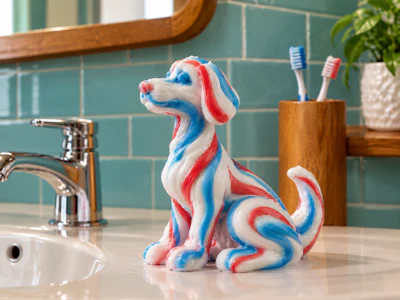 Red, white, and blue striped decorative dog figurine on a bathroom sink counter with teal subway tile backsplash