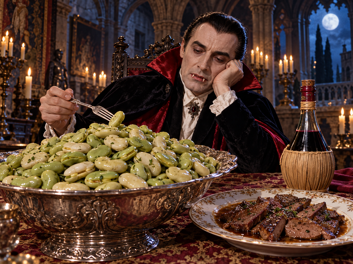 Vampire character in formal attire dining in gothic cathedral with candles, grapes, and wine