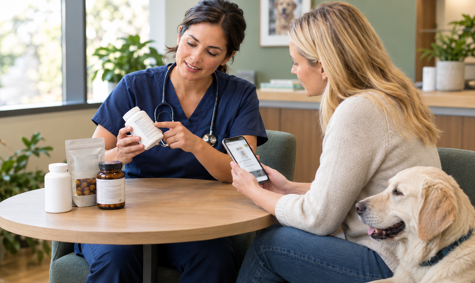 Healthcare provider in blue scrubs discussing medication with patient holding smartphone, accompanied by golden retriever