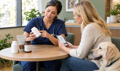 Healthcare provider in blue scrubs discussing medication with patient holding smartphone, accompanied by golden retriever
