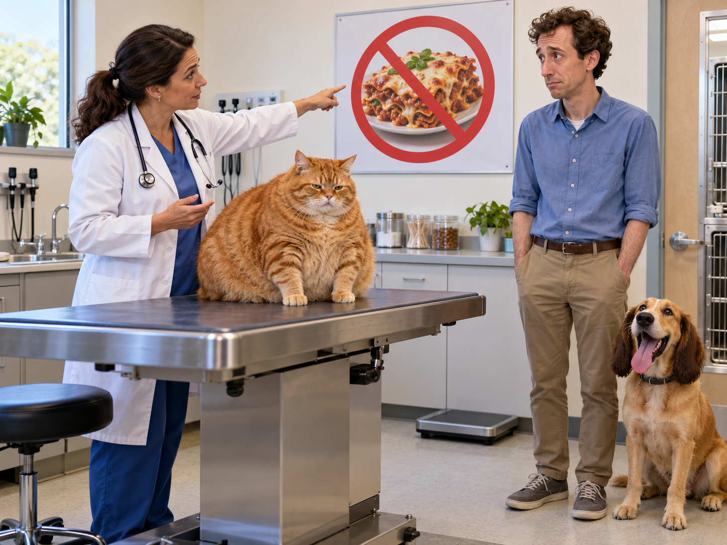 Veterinarian discussing pet nutrition with owner and pets in clinic, with no-pizza dietary sign visible