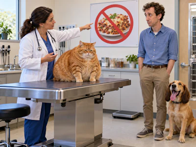 Veterinarian discussing pet nutrition with owner and pets in clinic, with no-pizza dietary sign visible