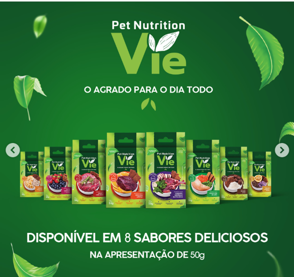 Pet Nutrition Vie pet food product line featuring eight flavored varieties in 50g packages displayed on green background