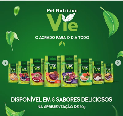 Pet Nutrition Vie pet food product line featuring eight flavored varieties in 50g packages displayed on green background