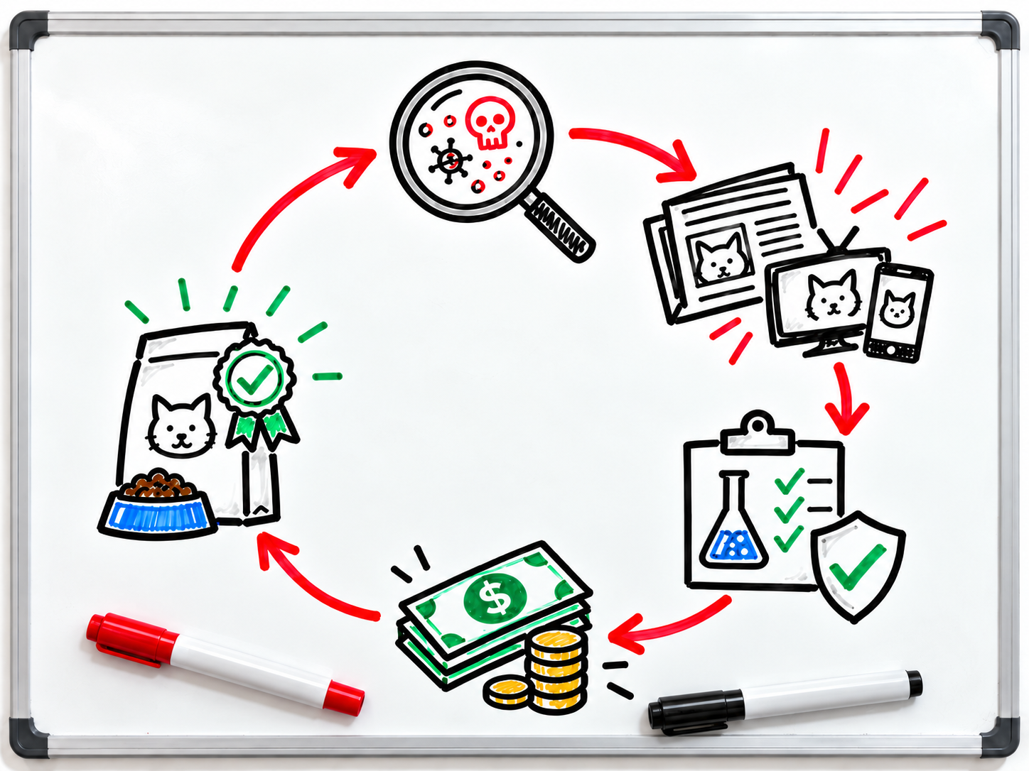 Circular workflow diagram showing pet content creation process from research to monetization