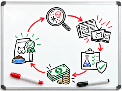 Circular workflow diagram showing pet content creation process from research to monetization