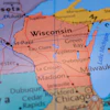 Midwest United States map showing Wisconsin and neighboring states with city labels and geographical boundaries