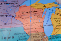 Midwest United States map showing Wisconsin and neighboring states with city labels and geographical boundaries